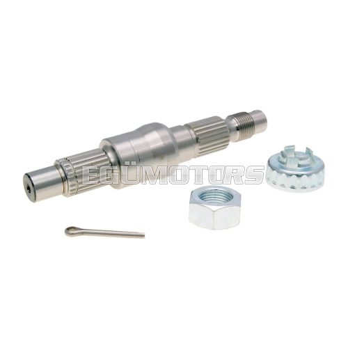 OEM Standard váltókimenő tengely 143 mm, anyával, koronás anyával, biztosító szegeccsel, Piaggio, Vespa 125-150 cc 2T (1999-ig)