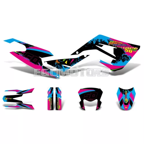 Matrica készlet fekete-rózsaszín-kék, fényes, Derbi Senda 50 (2018-tól)