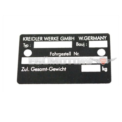 Type plate aluminum 50 x 31mm black for Kreidler Florett, K 54, RS, RM, RMC, LF, LH