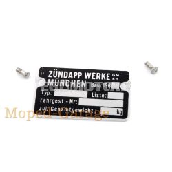   Type plate aluminum black with notched nails for Zündapp, Bergsteiger, C, GTS, KS, Combinette