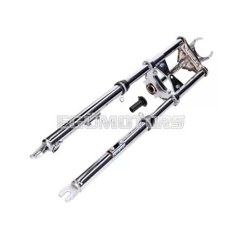 Sport első villa, krómozott, rugóval, 650mm, sárvédő tartóval, Peugeot 103 SP SPX