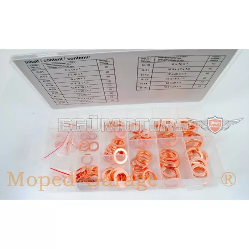 Tömítőgyűrű válogatás réz, 150 darab, Zündapp, Kreidler, Hercules, Puch moped, mokick