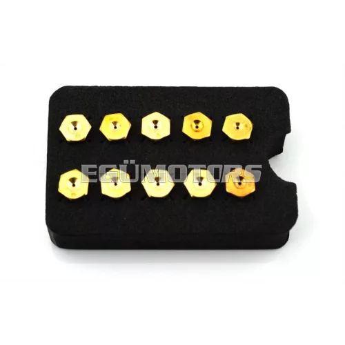 Főfúvóka készlet Bing sárgaréz M6 x 1, 10 darab, Kreidler Florett RS TM GT, Hercules K 50, 50 SE RE RL SL, SX RX, Sprint, Ultra, Ultra 80, 100, Sport Bike SB1, KTM Comet, DKW 159 159TS, Zündapp KS 80 Super, 125, SB, Puch M Jet