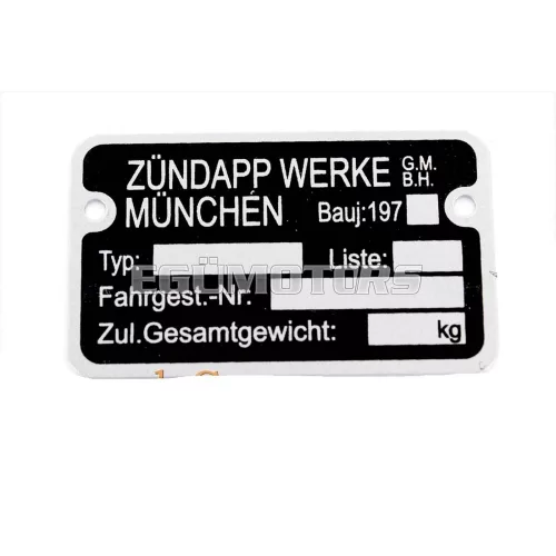 Type plate blank aluminum 1970s for Zündapp, C, CS, CX, Hai, KS, GTS, M, ZD