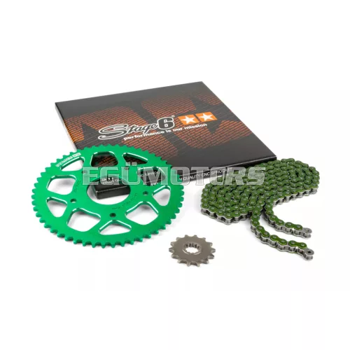 Stage6 lánckészlet 13x53 - 420 alumínium CNC, zöld, Peugeot / Rieju
