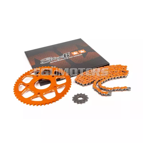 Stage6 lánckészlet 13x53 - 420 alumínium CNC, narancssárga, Peugeot / Rieju