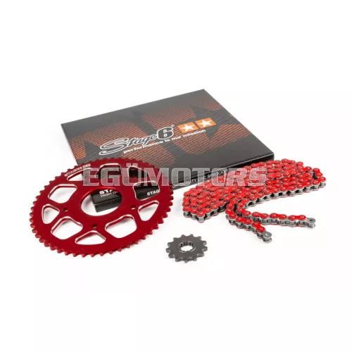 Stage6 lánckészlet 13x53 - 420 alumínium CNC, piros, Peugeot / Motorhispania