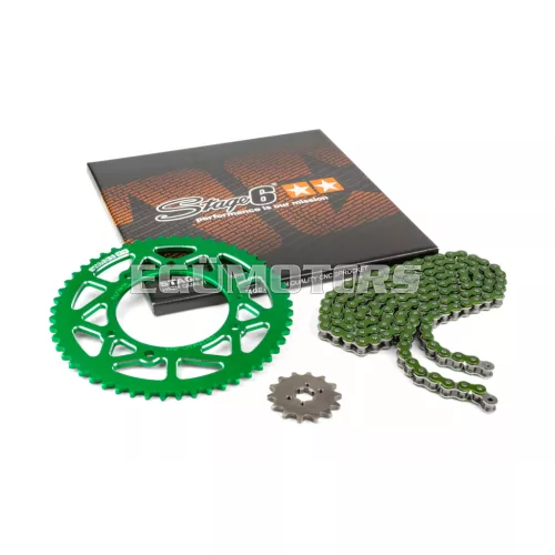 Stage6 lánckészlet 13x53 - 420 alumínium CNC, zöld, Derbi DRD Pro