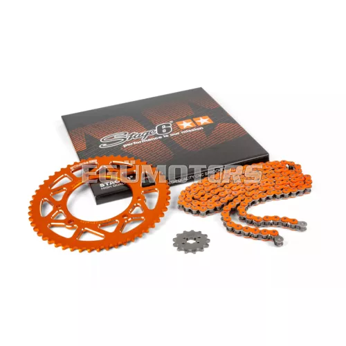 Stage6 lánckészlet 13x53 - 420 alumínium CNC, narancs, Derbi DRD Pro