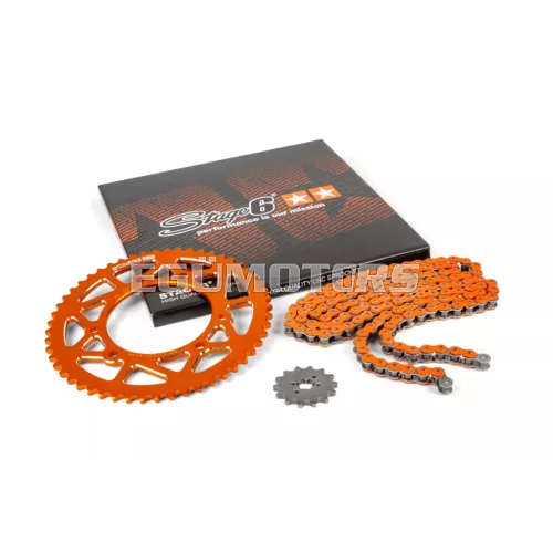 Stage6 lánckészlet 14x53 - 420 alumínium CNC, narancs, Derbi DRD Pro